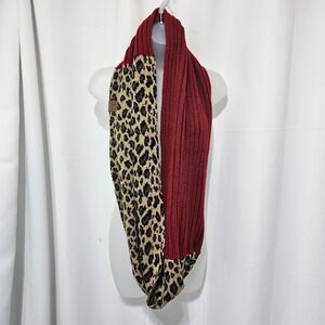 CC Beanie Red Ribbed and Leopard Print Knit Infinity Scarf Women chunky mob wife